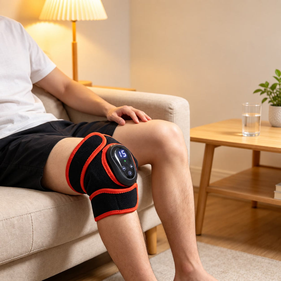Kaelom knee wrap worn while resting at home