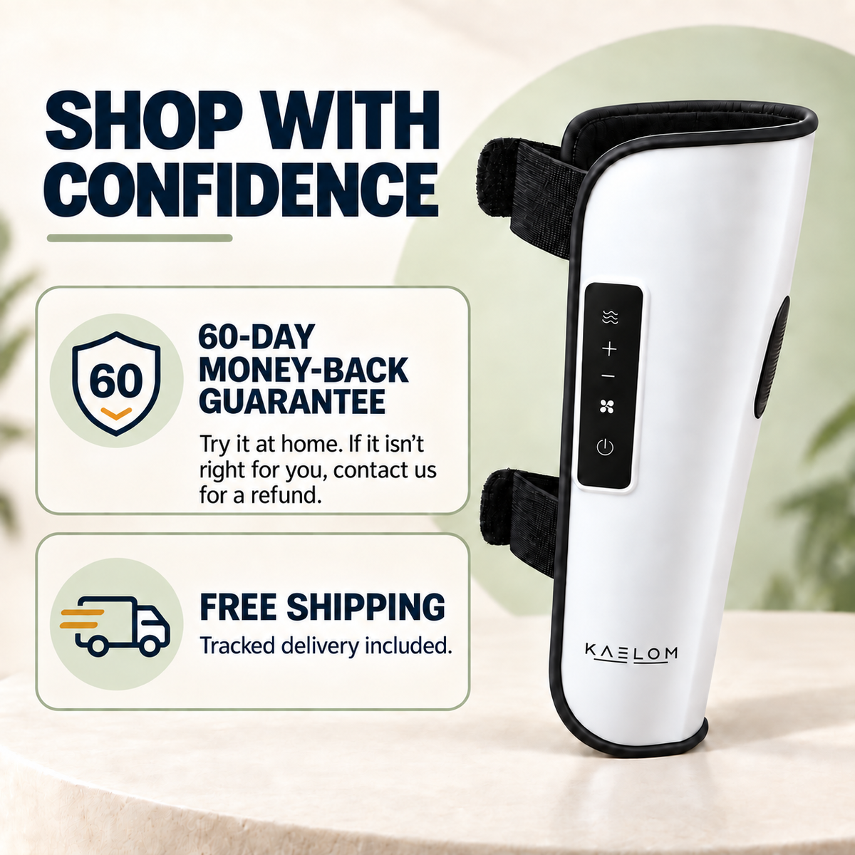 Kaelom calf massager with 60-day money-back guarantee and free shipping